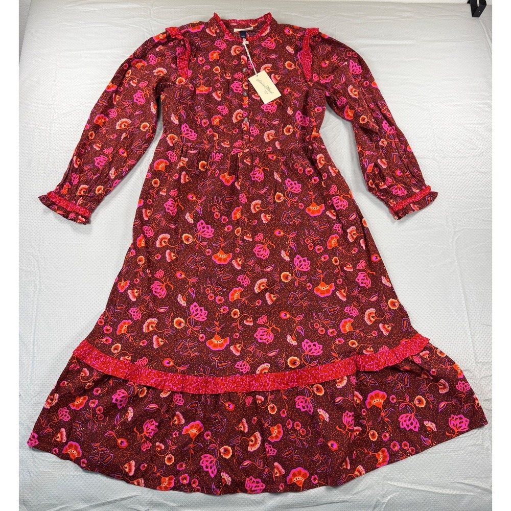 NWT Universal Thread Burgundy Floral Midi Dress S Cottagecore Ruffle Long Sleeve
